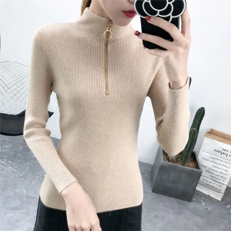 

Autumn and Winter New Knitted Sweater Female Korean Semi-high-neck with Zipper Long Sleeve Bottom Pullover Women 12662