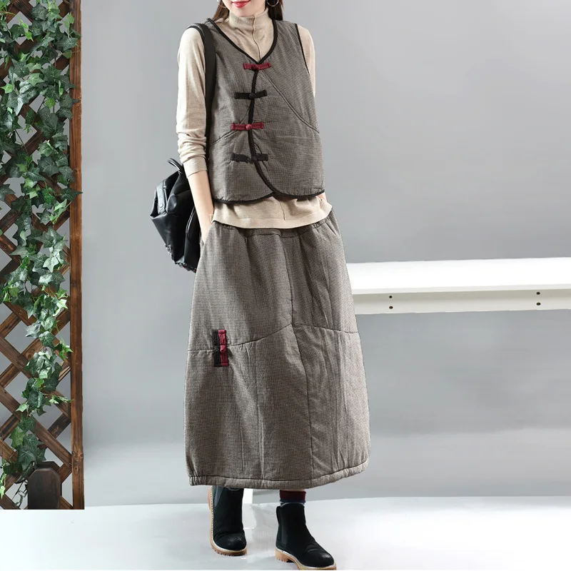 Зимние теплые женские Ретро свободные хлопковые стеганые повседневные юбки с