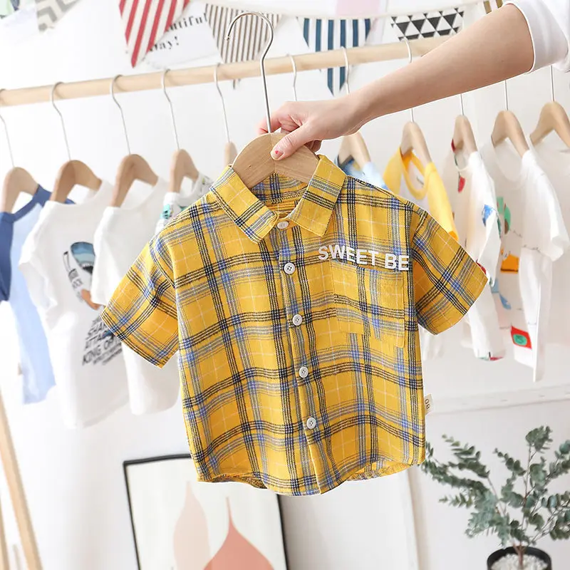 Детская рубашка в клетку с коротким рукавом и карманами|Рубашки| |