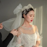 new arrival white wedding bridal lace crown with veil pearls beading elegent head piece accesorios para el cabello