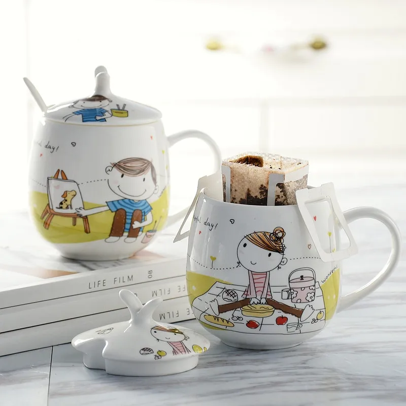 Buy Nordic Bone China Creative Couple Coffee Milk Mug With Lid and Spoon Cartoon Cute Ceramic Breakfast Cereal Cup Office Teacup on