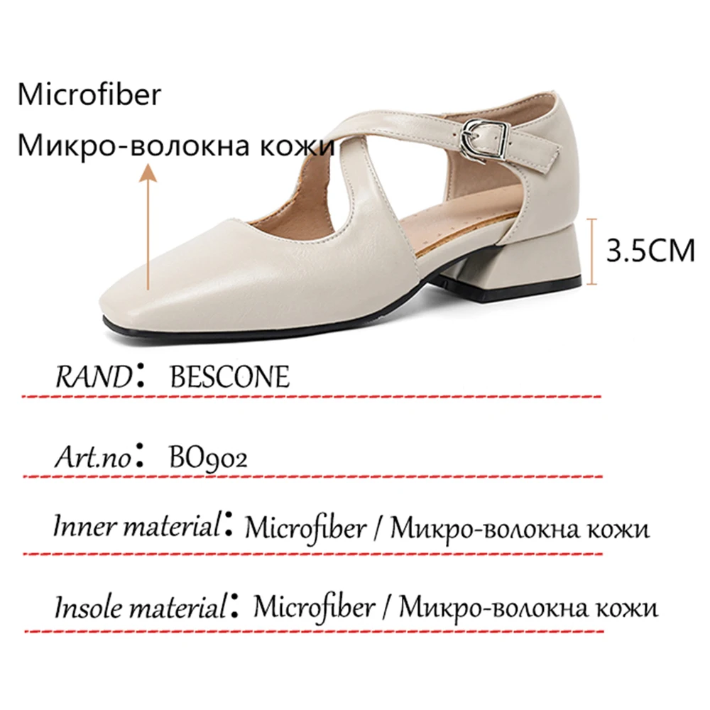 

BESCONE Women Shoes Fashion Buckle Strap Square Toe Shoes Thick Heel Plus Size 33-43 Fretwork Leisure Office Lady Pumps BO902