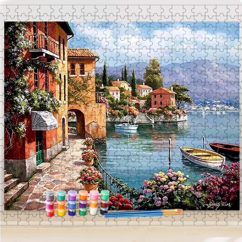 

Gatyztory DIY Painting By Numbers Jigsaw Puzzle For Adults Landscape Acrylic Paints Seaside Diy Gift Wall Art Home Decors