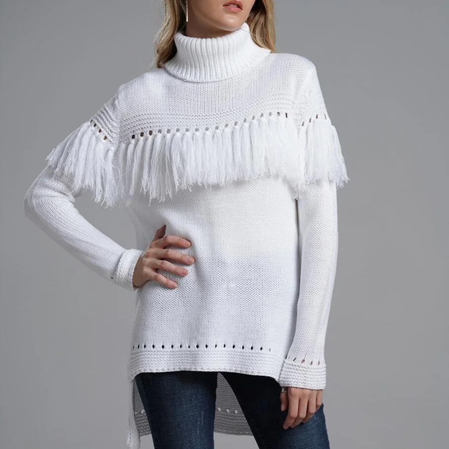 Women's Turtlenecks Winter Sweater Long pullover female fashion slim side slit white sweaters women knitted Tassel clothes | Женская
