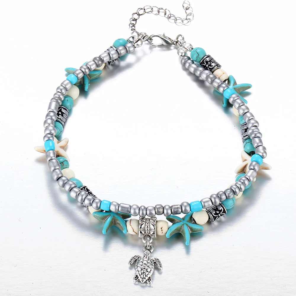

new Crystal Stone Anklets Double Beach Foot Chain Conch Starfish Alloy Bohemian Turtle Pendant Leg Bracelet Women Jewelry