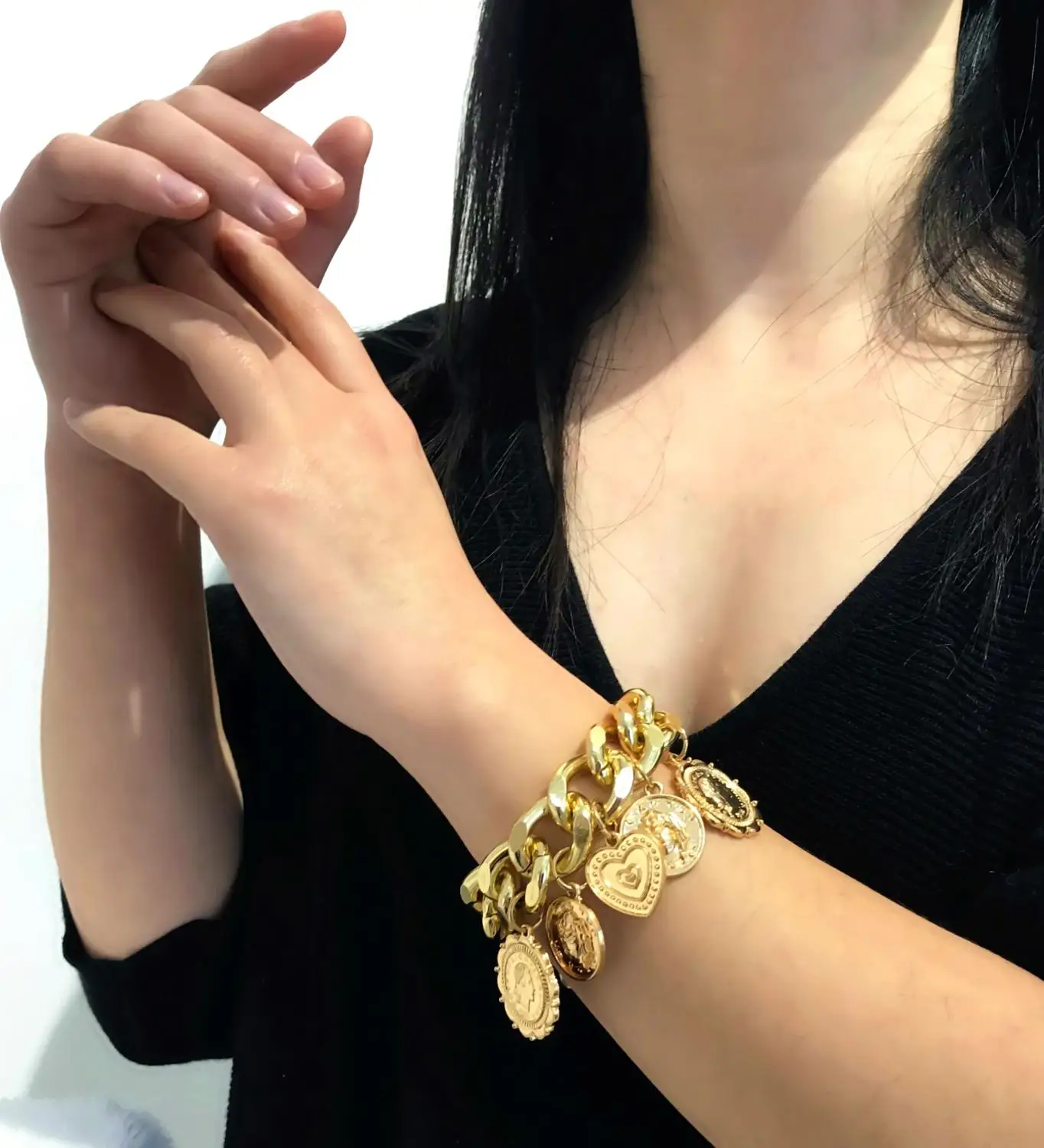 IngeSight.Z винтажные резные монеты сердце браслет на запястье амулет Снаряженная