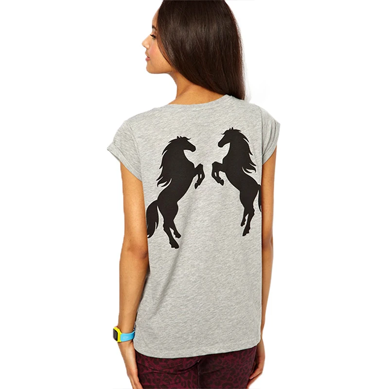 

O Neck Short Sleeve Loose Tshirt Women Summer Back Double Horse Pattern Printed Grey T-shirt