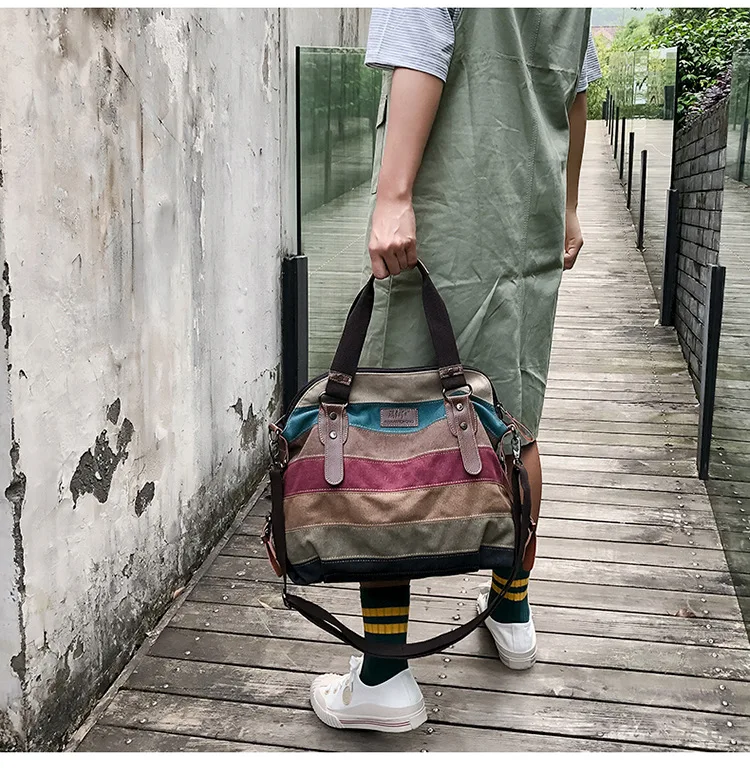 

2020 New large-capacity women's tote color striped canvas handbag multi-function laptop messenger shoulder bag