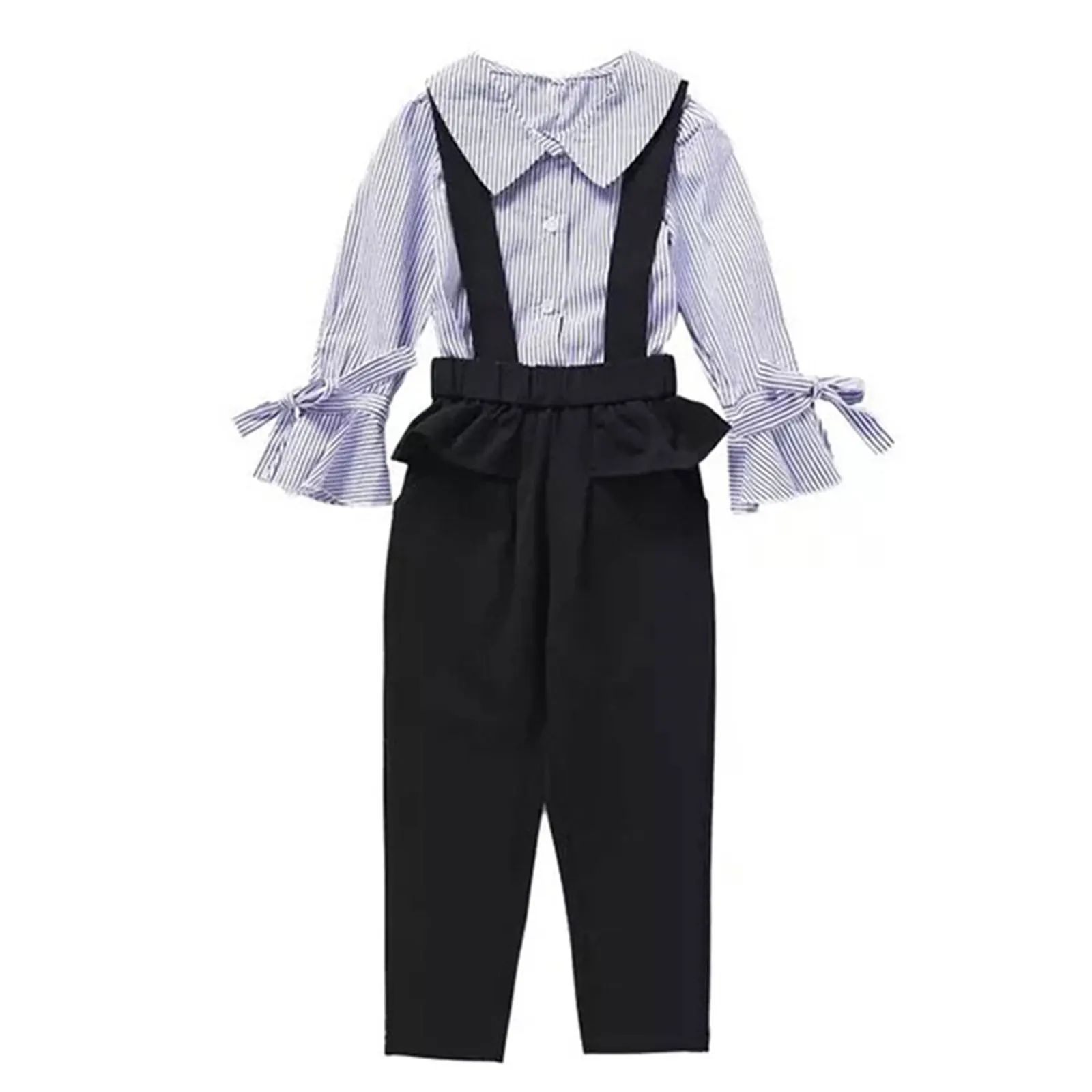 

Spring Autumn Kids Girls Clothes Set Flared Long Sleeve Stripes Shirt Tops Suspenders Pants Trousers 2Pcs Teenage Girls Outfits