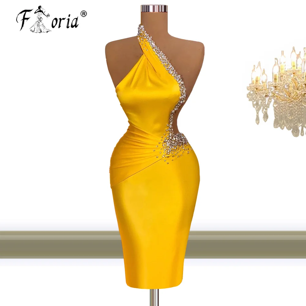 3 Designs Sexy Yellow Halter Short Prom Dresses 2021 Sparkle Crystal Diamonds Mermaid Party Gowns Mini Cocktail Dress Homecoming images - 6
