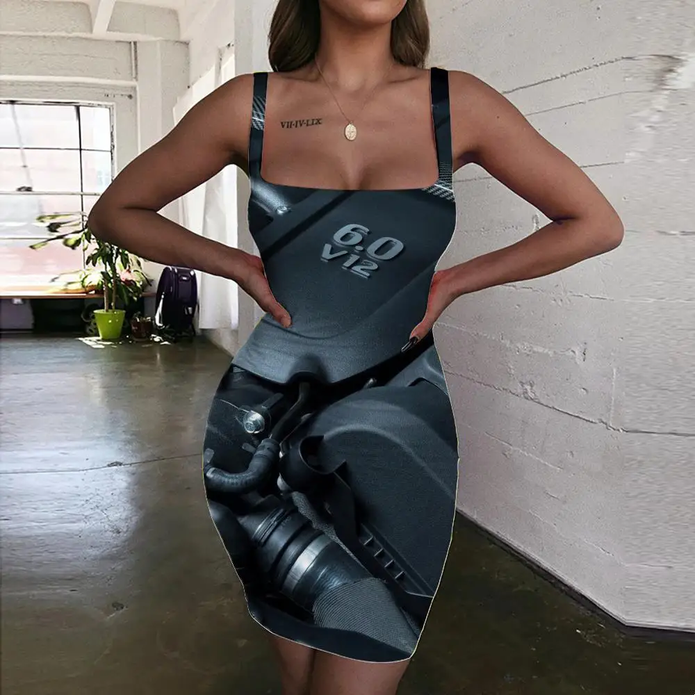 

Giyu Metal Dress Women Engine Vestido Sexy Gear 3d Print Engine Bodycon Dress Hip Hop Halter Sleeveless Womens Clothing