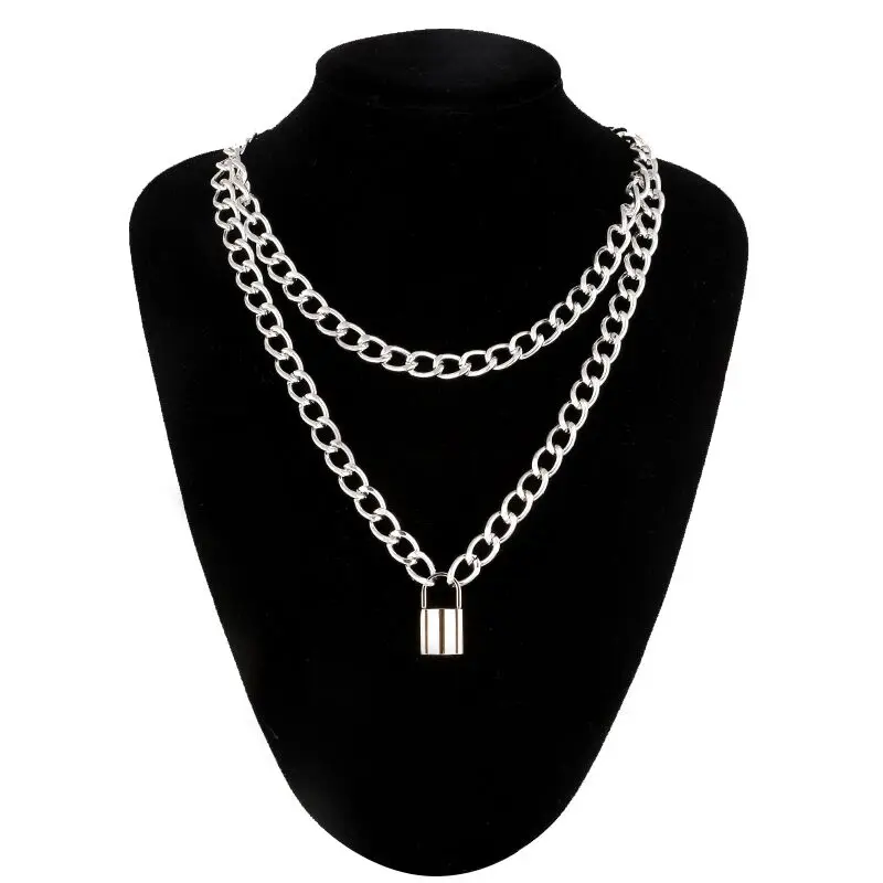 Двухслойная цепочка с замком, ожерелье в стиле панк 90 s, серебряная цепочка, цветной висячий замок, ожерелье с кулоном, женское модное готическое ювелирное изделие - Окраска металла: silver