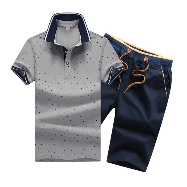 Для мужчин комплект Повседневное летние однотонные Slim Fit костюм Для мужчин s поло+ шорты, комплекты из 2 предметов Нью-Джерси Фитнес спортивный костюм для мальчиков, из дышащего материала - Цвет: FK082 Grey DBlue