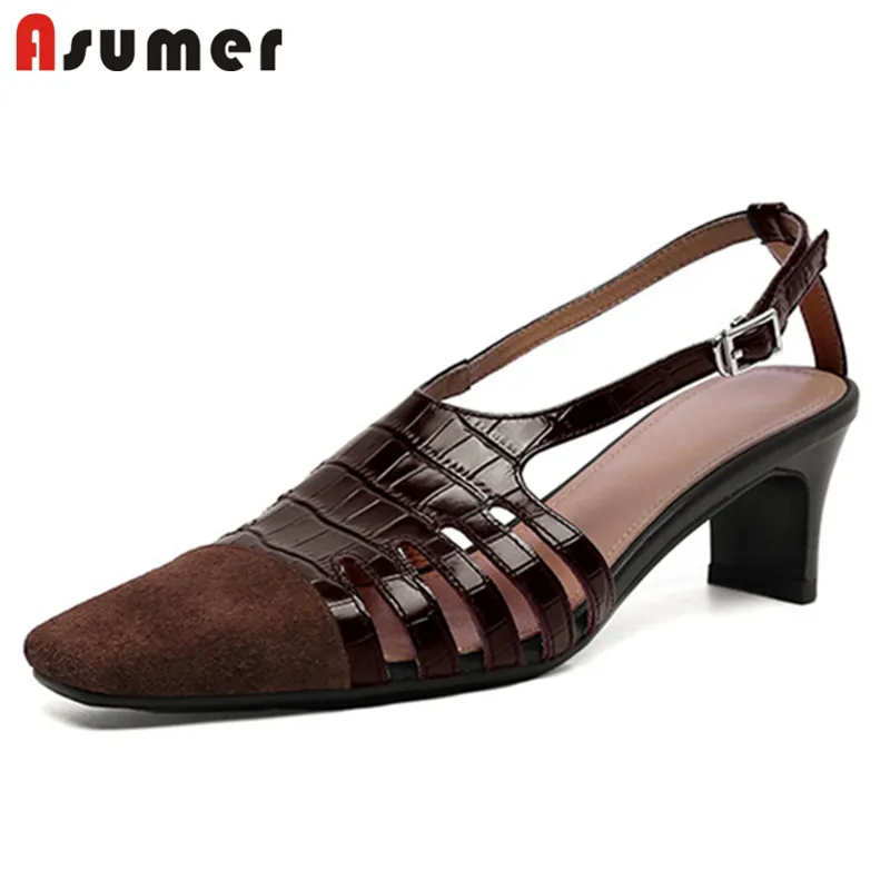 

Asumer 2021 Hot Sale Genuine Leather Sandals Women Vintage High Heels Shoes Hollow Out Buckle Square Toe Summer Sandals Women