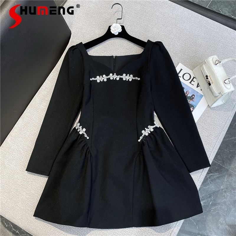 

Женское облегающее мини-платье со стразами, однотонное кружевное платье во французском ретро-стиле с V-образным вырезом и длинным рукавом, н...