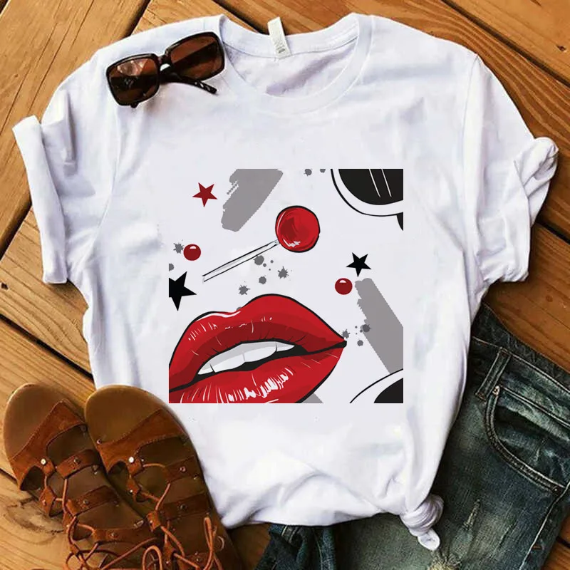 Camiseta tacones Футболка Harajuku с коротким рукавом губа помада Высокий каблук Женская