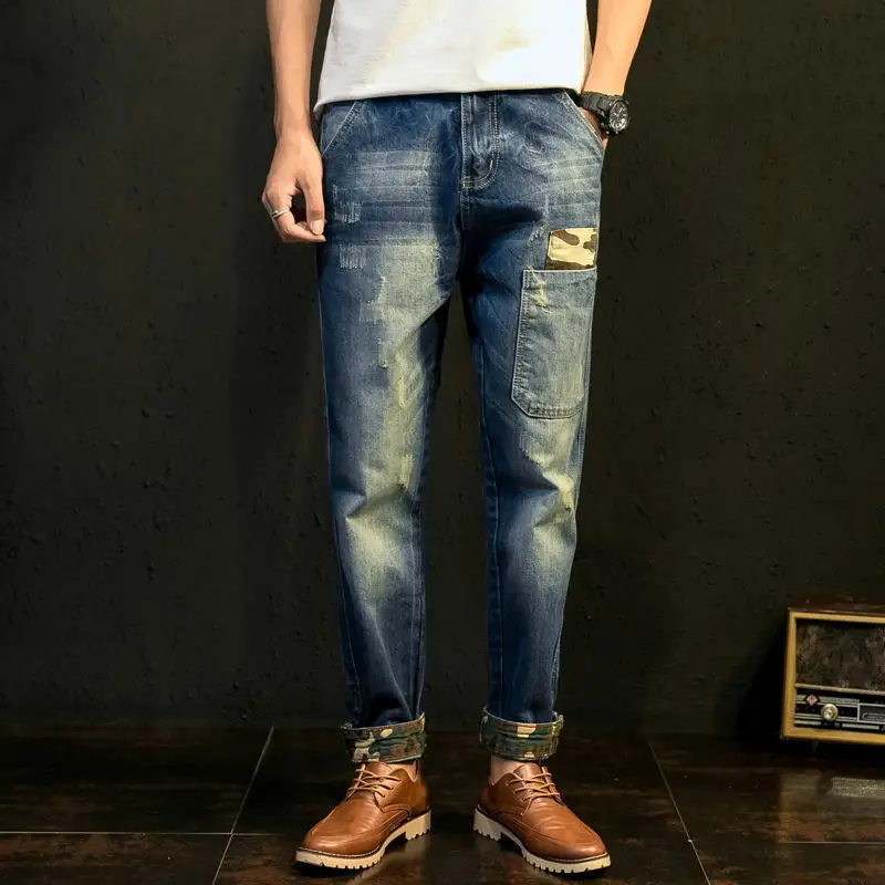 Джинсы мужские на молнии свободные штаны в стиле Харадзюку рваные брюки милитари