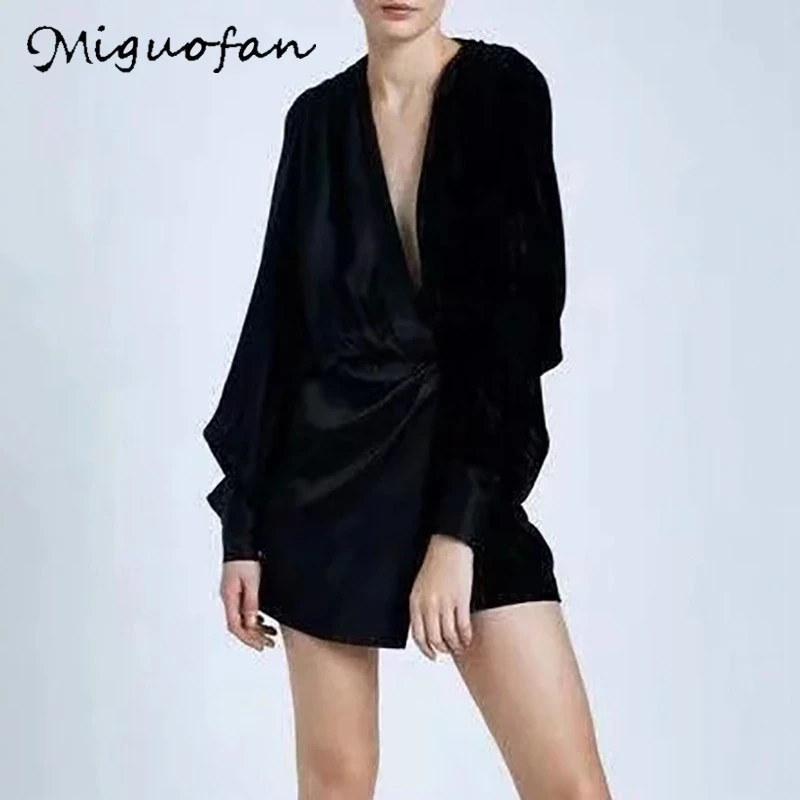 Женское Клубное платье Miguofan черное плиссированное с глубоким v образным вырезом