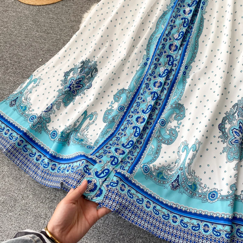 

Women Vintage Print Floral Dress Turn Down Collar Puff Sleeve Sashes A Line Dress Autumn Bohemian Palace Maxi Dress