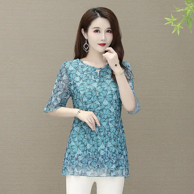 

Fashion Women Chiffon Shirts Summer Short Sleeve Print O-Neck Temperament Blouses Casual Loose Ladies Blusas Tops MM0959