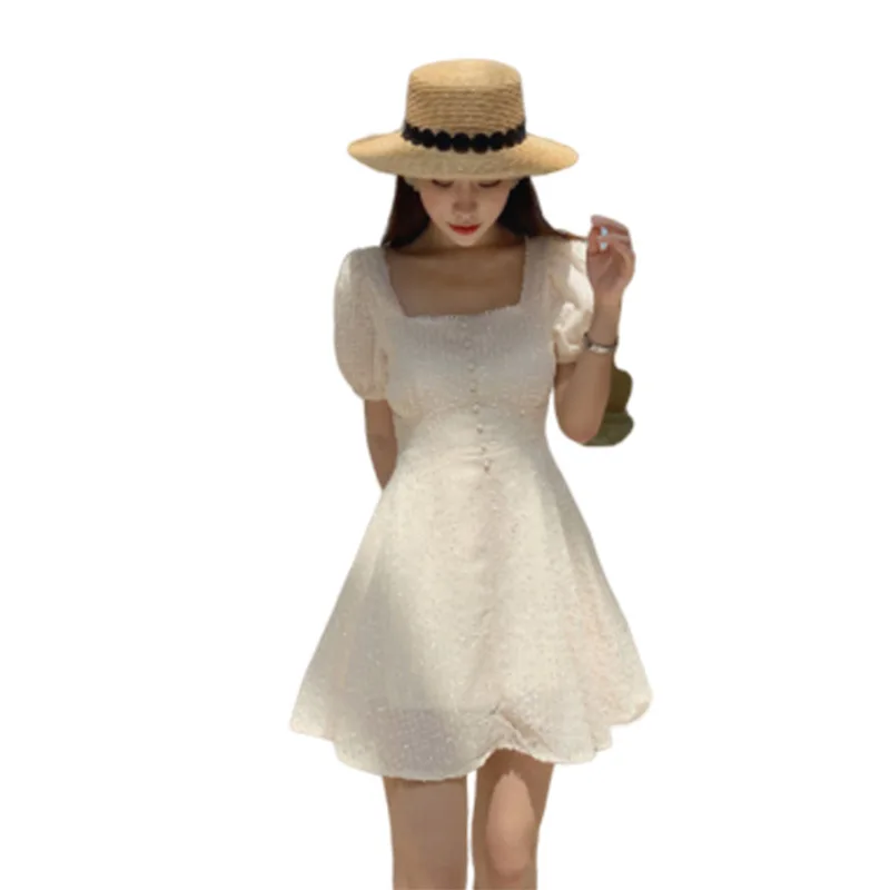 

2020 Summer New Women Dress Square Collar Half Sleeve Chiffon Embroidery Split Slim Slim Short Sleeve Solid Color Apricot Dress