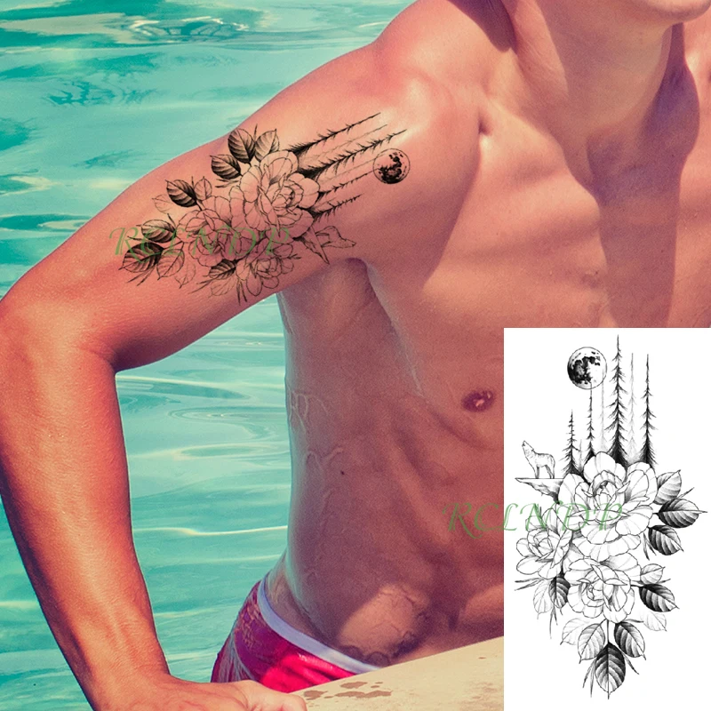 

Waterproof Temporary Tattoo Sticker wolf moon forest tree flower black Fake Tattoo Flash arm leg Tattoo for Girl Women Men