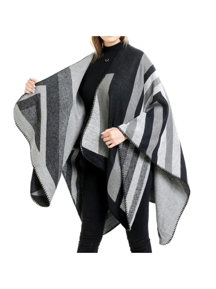 

Women Open Front Poncho Cape Color Block Striped Shawl Wrap Oversize Cardigan X7YA