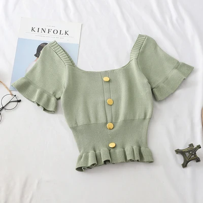 Зеленый Женская короткая Дизайнерская футболка с пуговицами и короткими рукавами для девочек, летняя шикарная трикотажная рубашка с квадратным воротником, свитер, Топ - Цвет: Зеленый