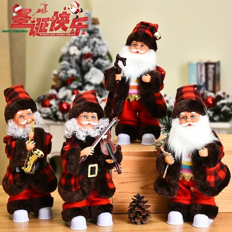 

Christmas Decoration, 45 Cm Electric Luminous Music Electric Toys, Red Plaid Clothes Santa Claus, Home Holiday Party Decorations