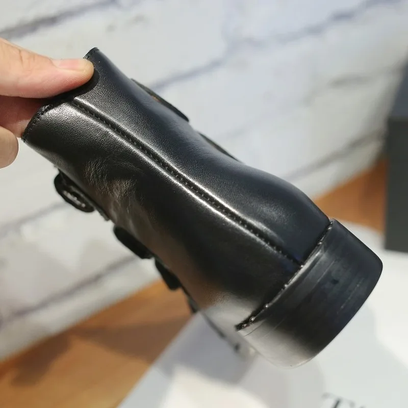 

Rivets Faux Leather Booties Buckle Straps Thick Heel Black Ankle Women Boots Studded Decorated Woman Boots Motorcycle Boots