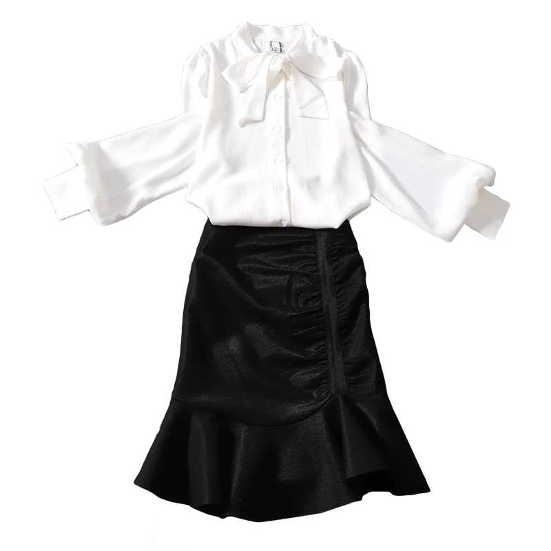 

office lady women skirts sets 2020 autumn new chiffon lantern sleeved white shirts and mermaid ruffles black skirts lady skirts