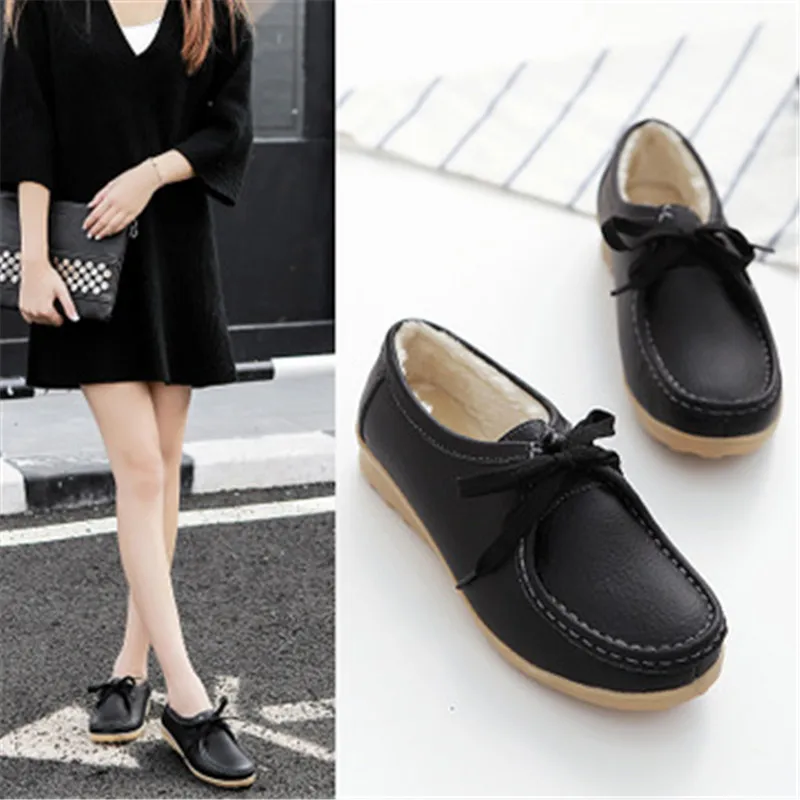 Winter Genuine Leather Thick Plush Warm Women Shoes Lace-Up Platform Moccasin Comfortable White Soft sole Non-slip Nurse | Обувь