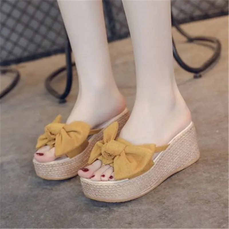 

2020 New Summer Womens Fashion Wedges Open Toe Butterfly-Knot Beach Shoes Roman Slippers Sandals pink yellow beige black 35-40
