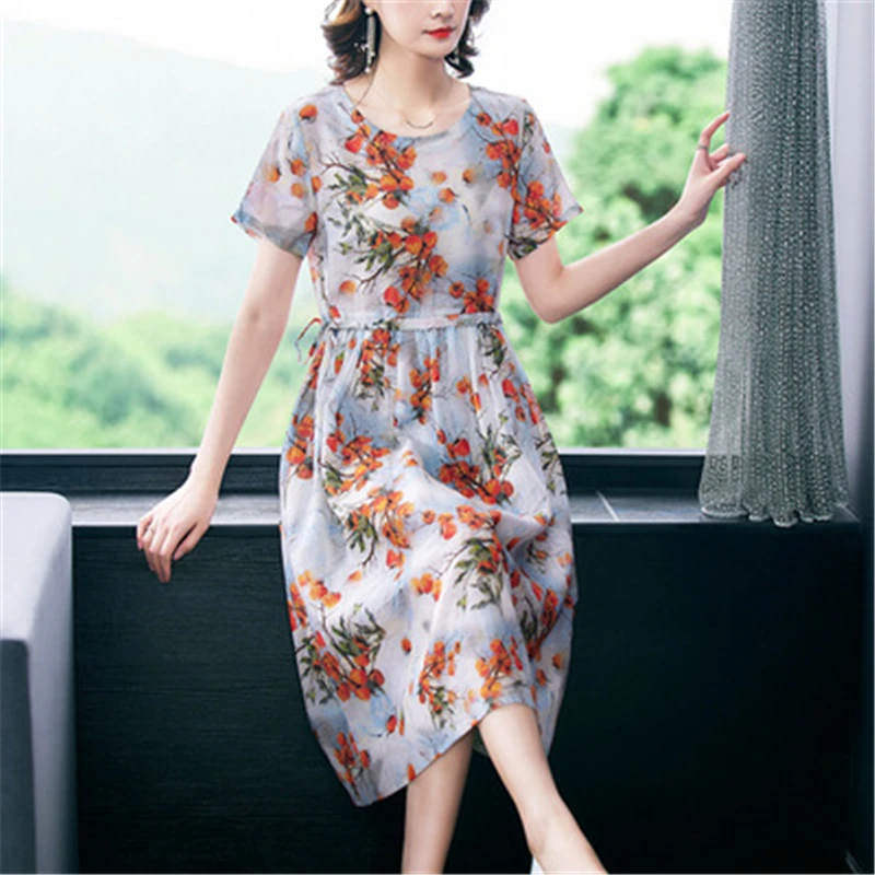 

Летняя мода 2021, новый стиль, легкая дышащая крутая Женская одежда с коротким рукавом, модное платье из хлопка и льна с цветочным принтом