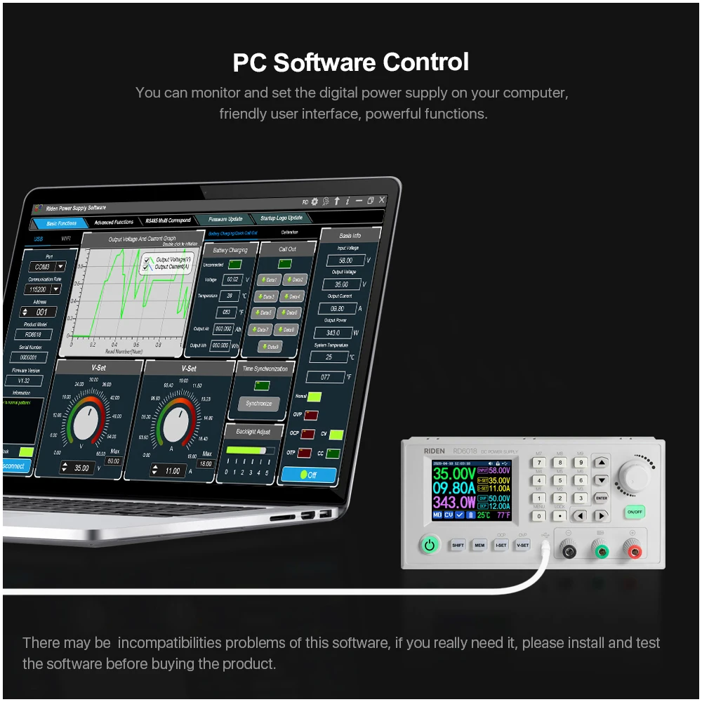 

RD6018 18A Constant-Current Constant-Voltage Direct-current Power-Supply Module Keypad PC Software Wifi Phone App Control