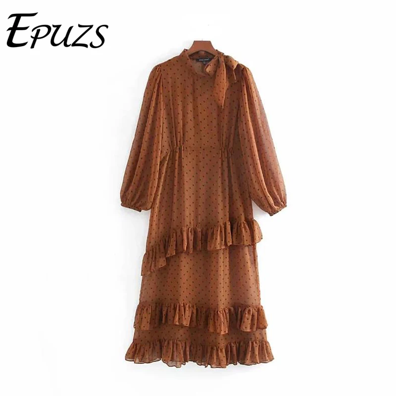 Винтажное платье миди с принтом в горошек женское элегантное офисное рюшами