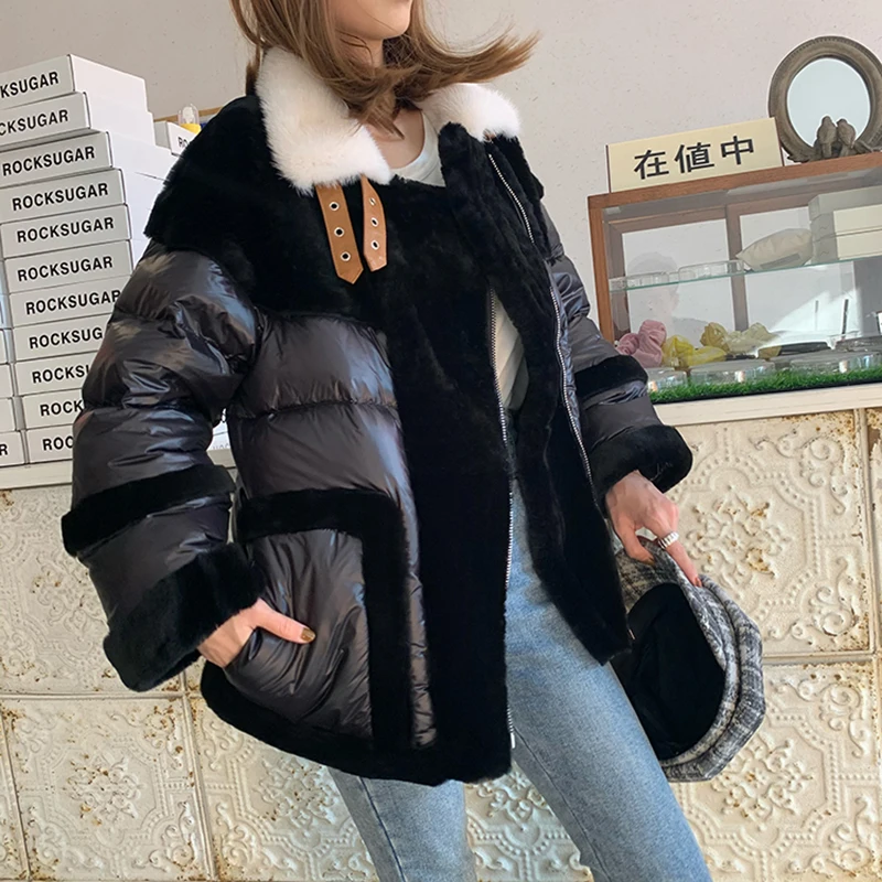 

High Grade Natrural Mink Fur Collar Lamb Sheep Fur Stitching Down Jacket Winter Women Short Warm Furs White Duck Down Coats