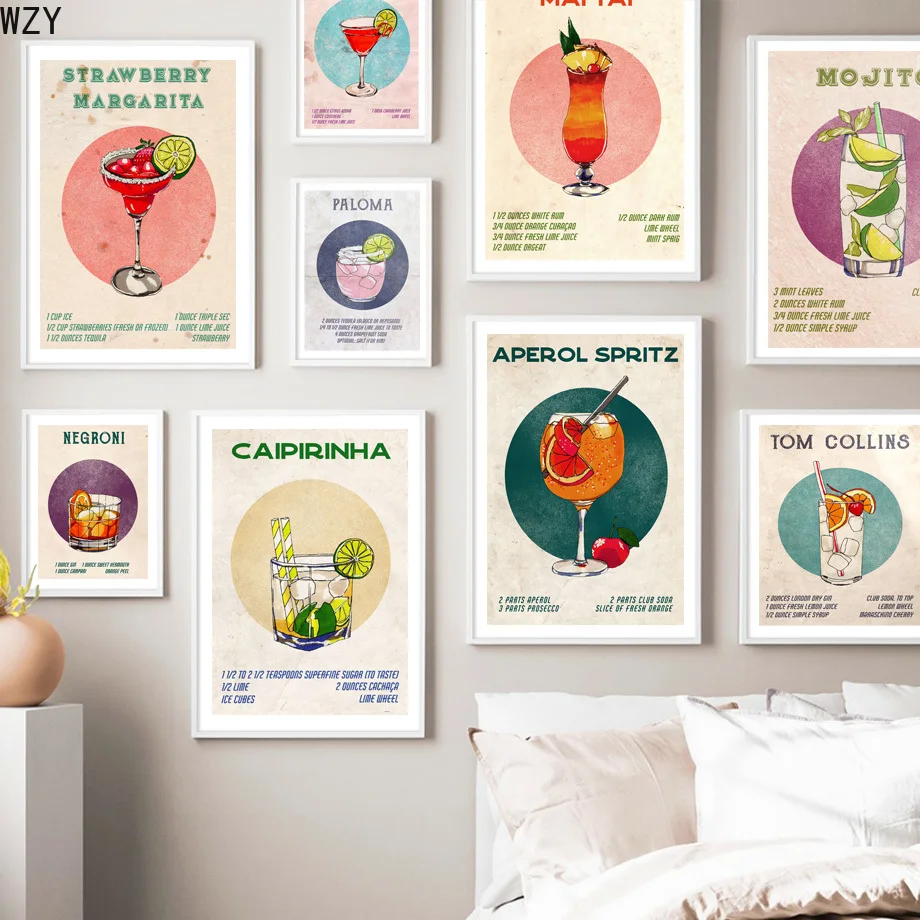 

Vintage Wine Glass Cocktail Negroni Caipirinha And Prints Wall Art Canvas Painting Wall Pictures For Bar DecorNordic Posters