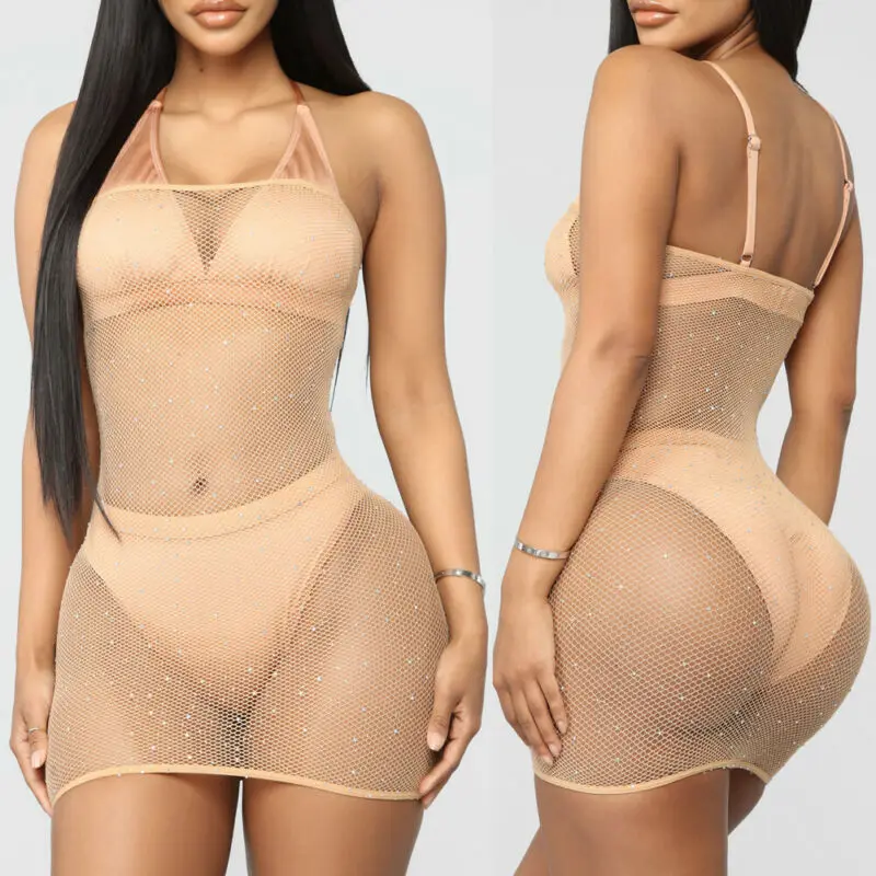 Sexy Women Lace Fishnet Glitter Sequins Shiny Mesh Sheer See-through Hollow Out Dress Bikini Cover Up Beach Mini Beachwear | Женская