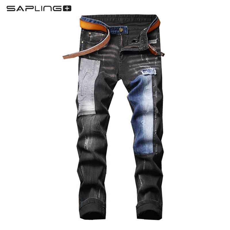 

New Men's Ripped Jeans Blue Patchwork Harajuku Streetwear Denim Pants Fashion Vintage Washes Slim High quality Men Jean Trousers