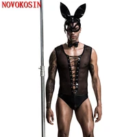 2020 4 pieces faux leather front bandage rabbit ear facepiece tail set costume cosplay pu night club top transparent bodysuit