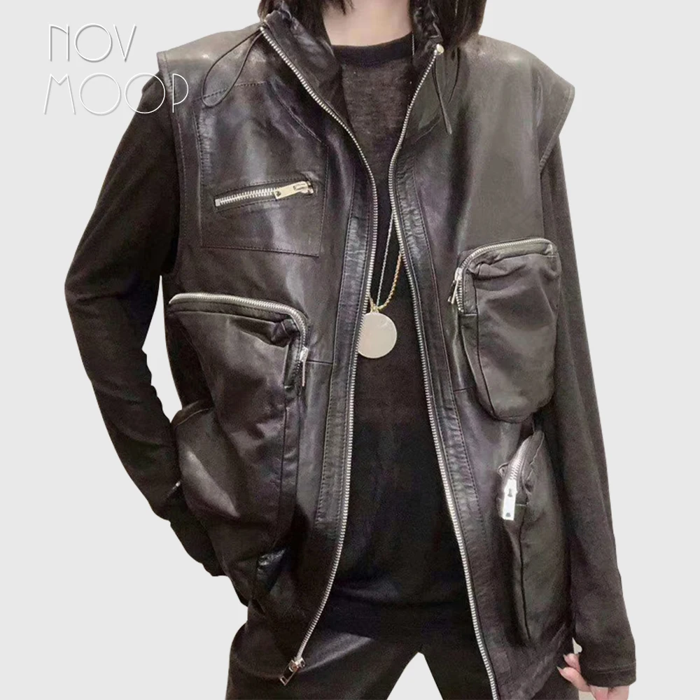 

Novmoop high street big pocket zipper decor winter vest women sleeveless black jacket kamizelka damska colete feminino LT2846