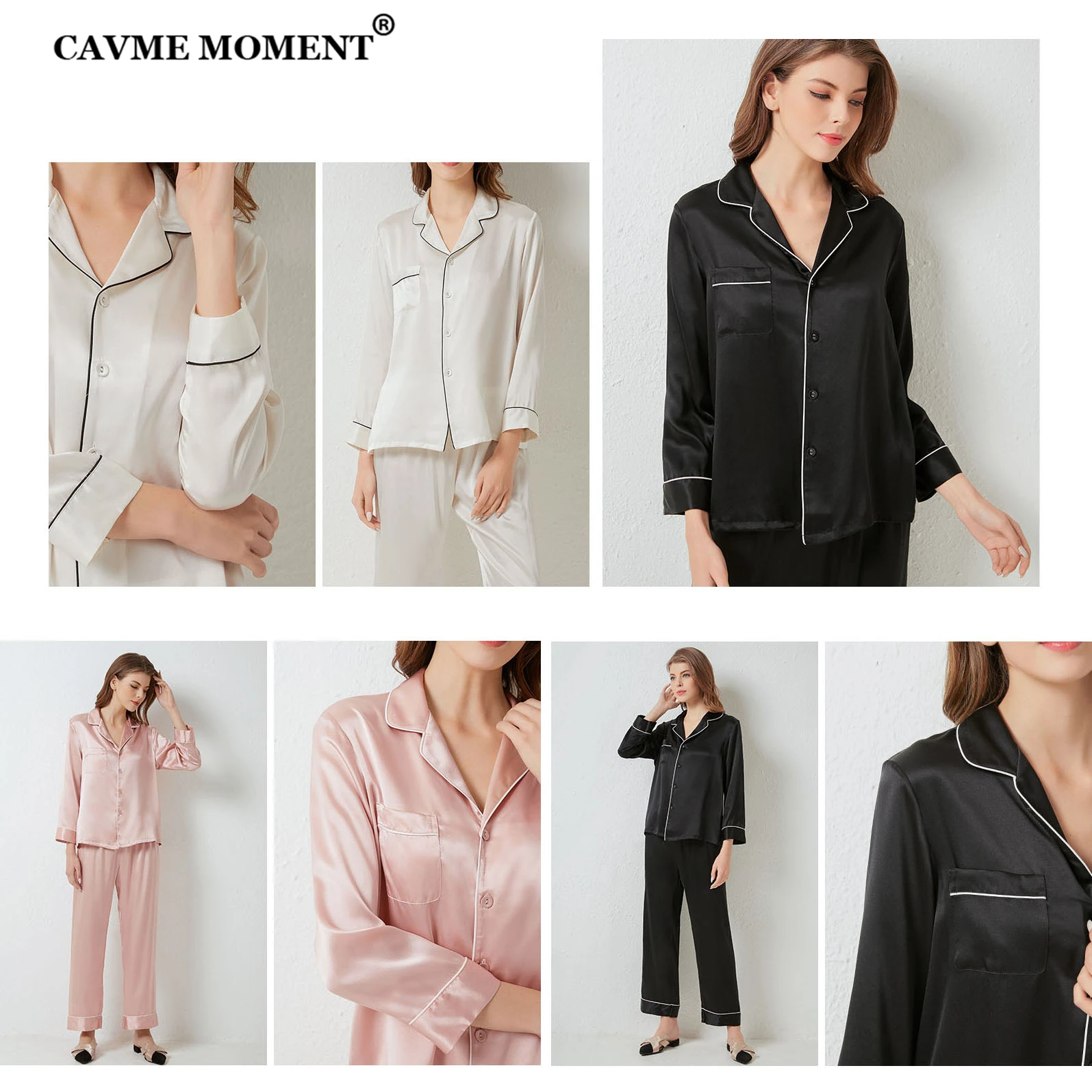 CAVME 100% Silk Pajama Sets for Women Ladies Luxury Sleepwear Solid Color Homewear 2 Pieces Full Pants PLUS SIZE