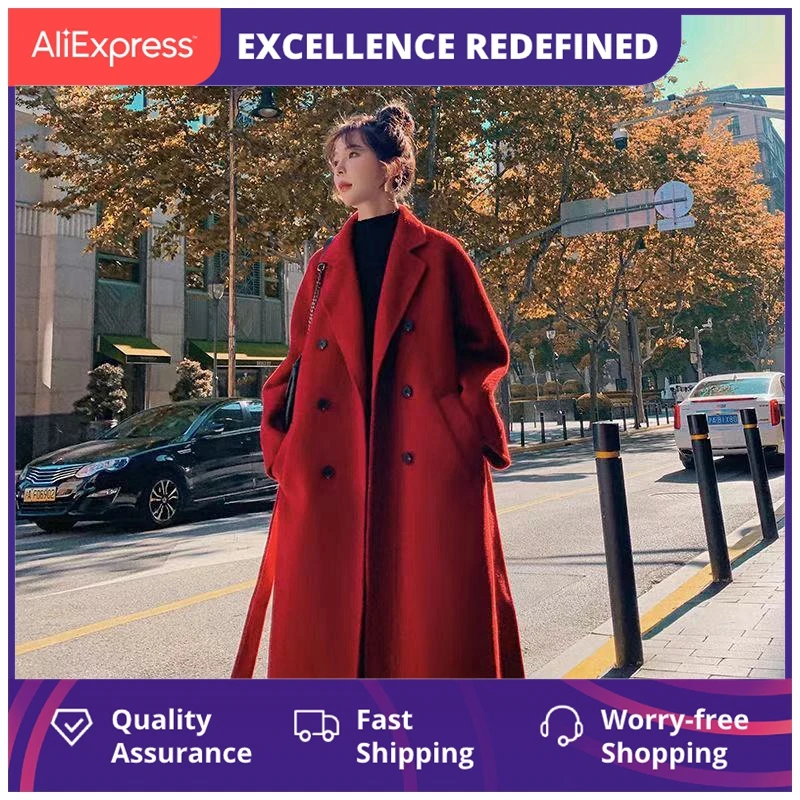 

Женское шерстяное пальто с поясом, черное Свободное длинное пальто с разрезом на подоле, корейский стиль, верхняя одежда 3xl, весна-осень