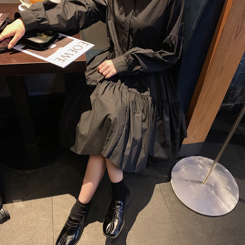 

Long Sleeve White Black Shirt dress 2020 Summer Autumn Korean Button Pleated Dress Women Sweet Casual Plus Size A-Line Dresses