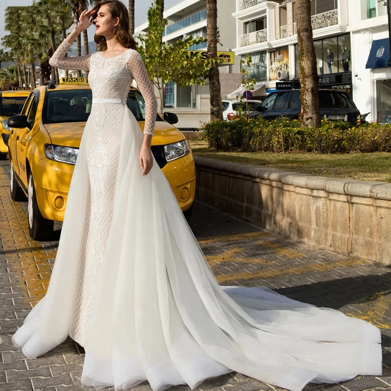 

2021 Arrival Bridal Dress Mesh Lace Applique Tulle Detachable Train Bohemian Full Sleeve Robe De Mariee Mermaid Wedding Dress