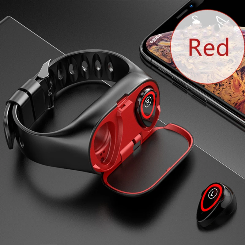 TWS Bluetooth Earphone Smart Watch 2 in 1 Wireless Headset for phone SmartWatch With Heart Rate Monitor Wireless Sports Earbuds - Цвет: Red
