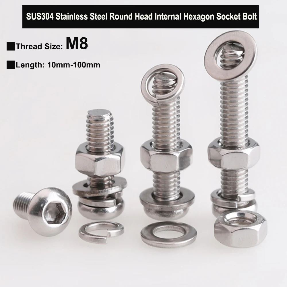 

M8 Stainless Steel 304 Oval Head Internal Hexagon Socket Bolt Three Combination Screw with Plain Washer Spring Washer and Nut