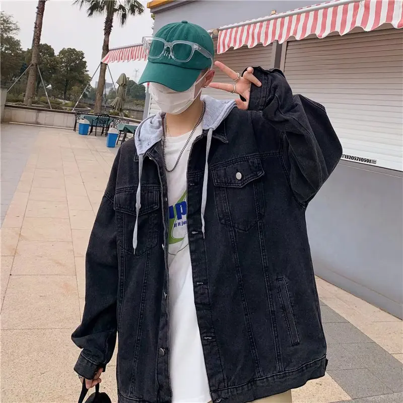 

BXyichen tooling denim jacket men and women trendy street ins trend loose wash casual couple jacket hat detachable