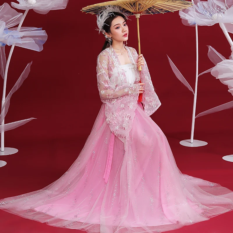 

2021 Новый Hanfu платье розовое платье кроя принцесса, костюмы для женщин для китайского народного танца, костюмы в стиле ханьфу, фестиваль кост...